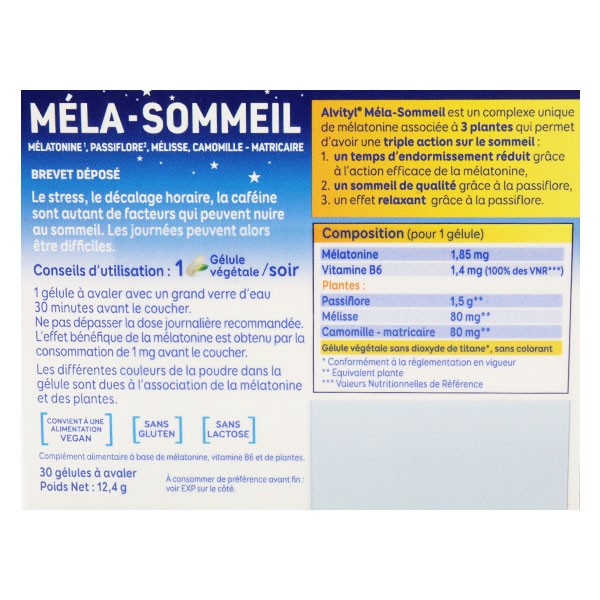 Alvityl Méla-Sommeil  Mélatonine+Plantes Endormissement Relaxation  2 x 30 gélules
