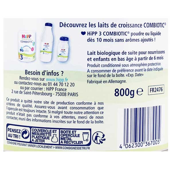 Lait 3 COMBIOTIC® Croissance - 1 boîte x 800g - 10 mois HIPP
