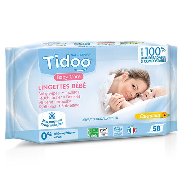 Tidoo Lingettes au Calendula Bio Non Parfumé, compostables, 58