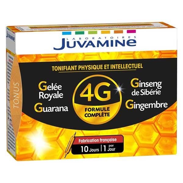 Juvamine 4G Formule Complète Ginseng Gelée Royale Guarana Gingembre 10 ampoules