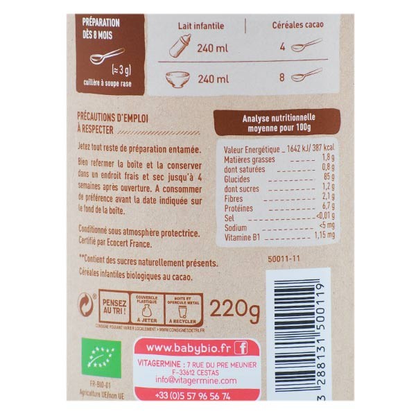 Babybio Céréales Pot Cacao Quinoa +8m Bio 220g
