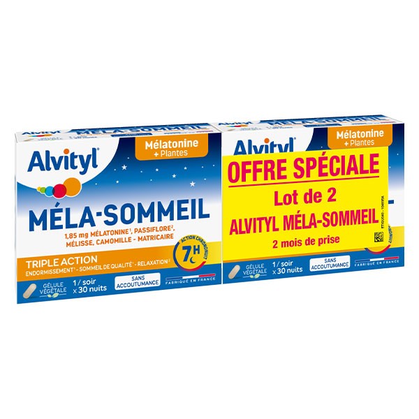 Alvityl Méla-Sommeil Mélatonine +3 plantes +vitamine B6 dès 18 ans 2x30 gélules