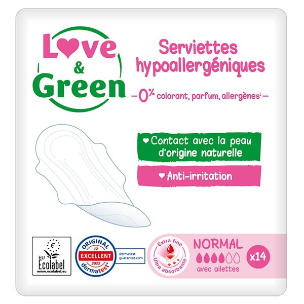 LOVE & GREEN Serviettes hygiéniques écologiques avec ailettes normal 14  serviettes pas cher 