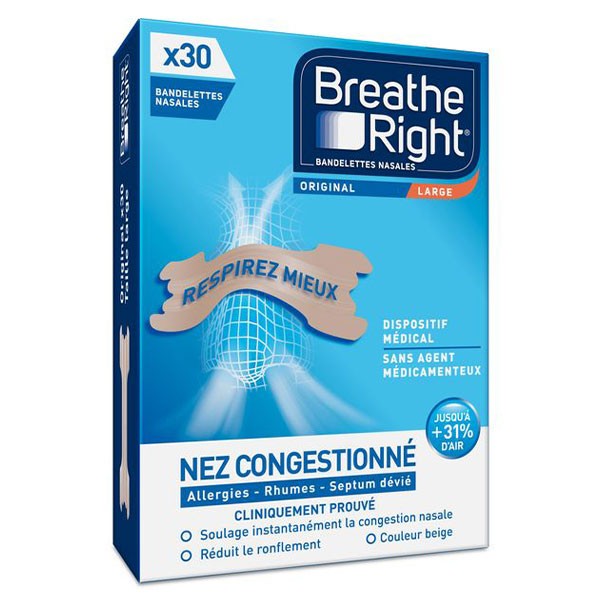 Breathe Right Bandelettes Nasales Original Large Nez Congestionné 30 unités