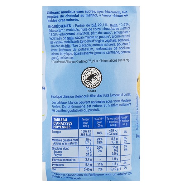 Gerblé Moelleux aux Pépites de Chocolat Sans Sucres, Le Sachet de 196g