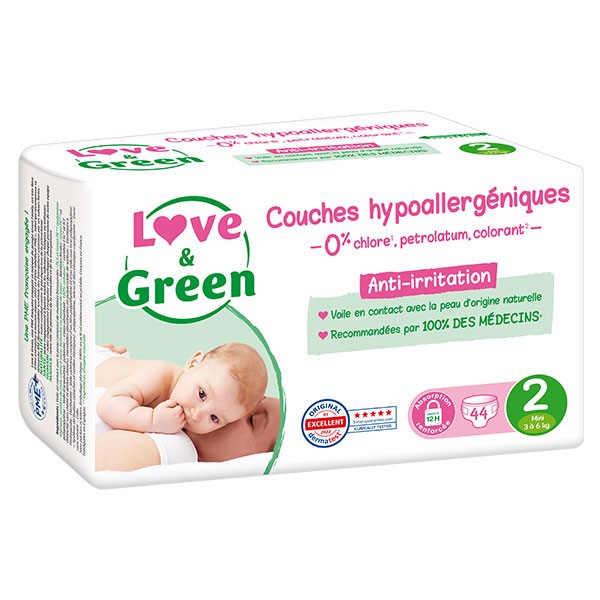 Couches LOVE AND GREEN Taille 2 - Certifiées Ecolabel et hypoallergéniques  - 44 couches (3 à 6 kilos) - Cdiscount Puériculture & Eveil bébé