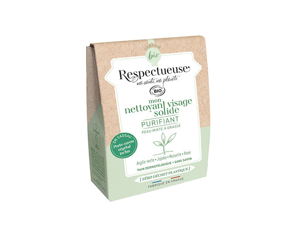 Respectueuse Mon Nettoyant Visage Solide Purifiant Bio 35g + Porte-Savon Végétal Offert